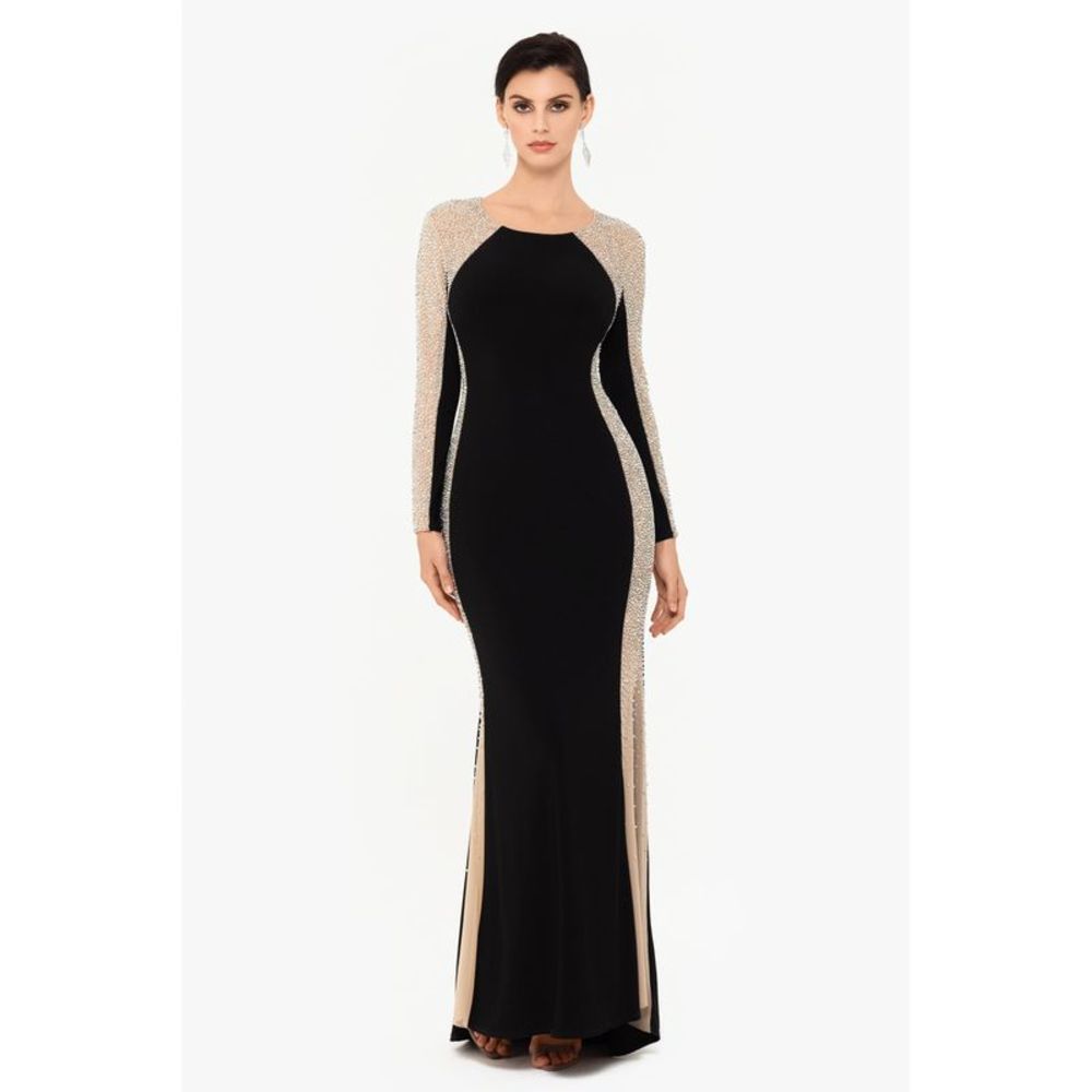 XSCAPE Womens Black Lined Nude Mesh Long Sleeve Full-Length Gown Dress 12